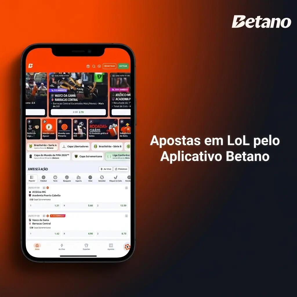 Aplicativo Betano aberto em smartphone mostrando apostas em League of Legends com odds ao vivo