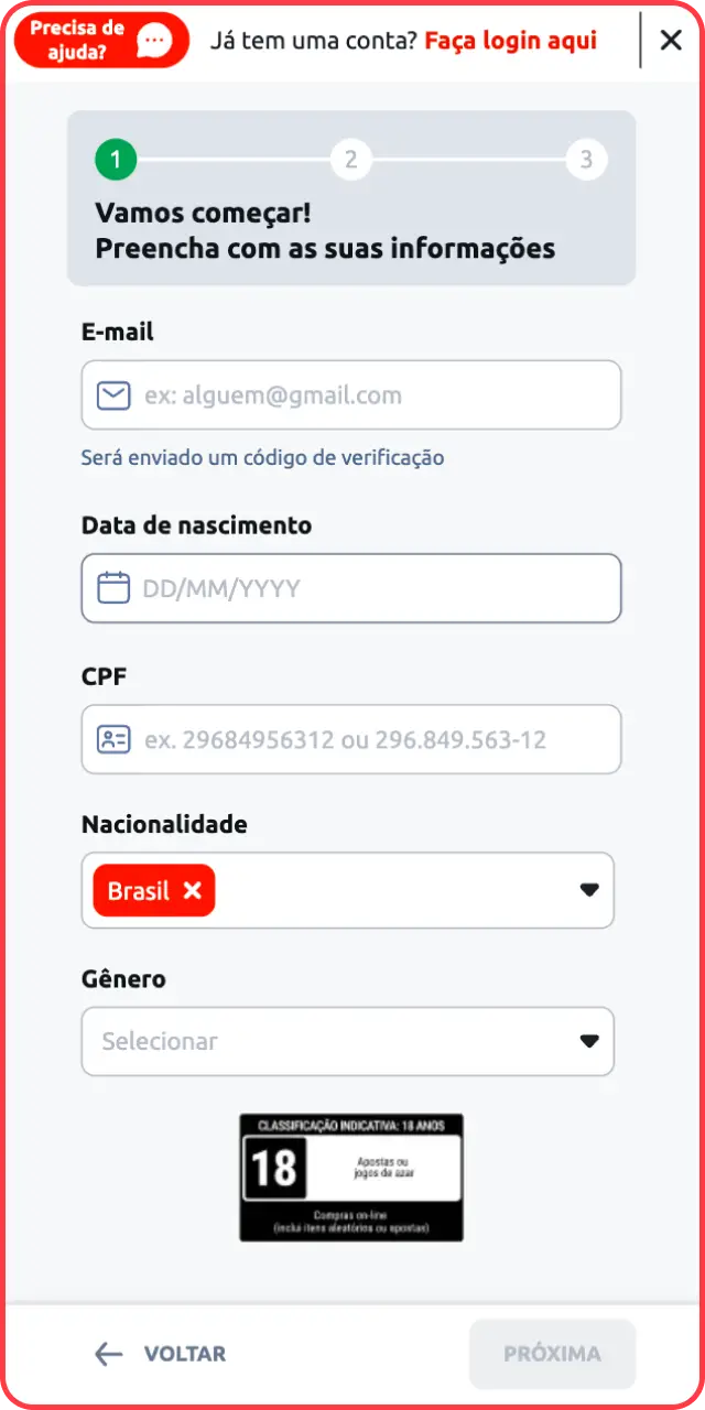 Adicione os dados restantes para avançar no processo de cadastro na Betano.