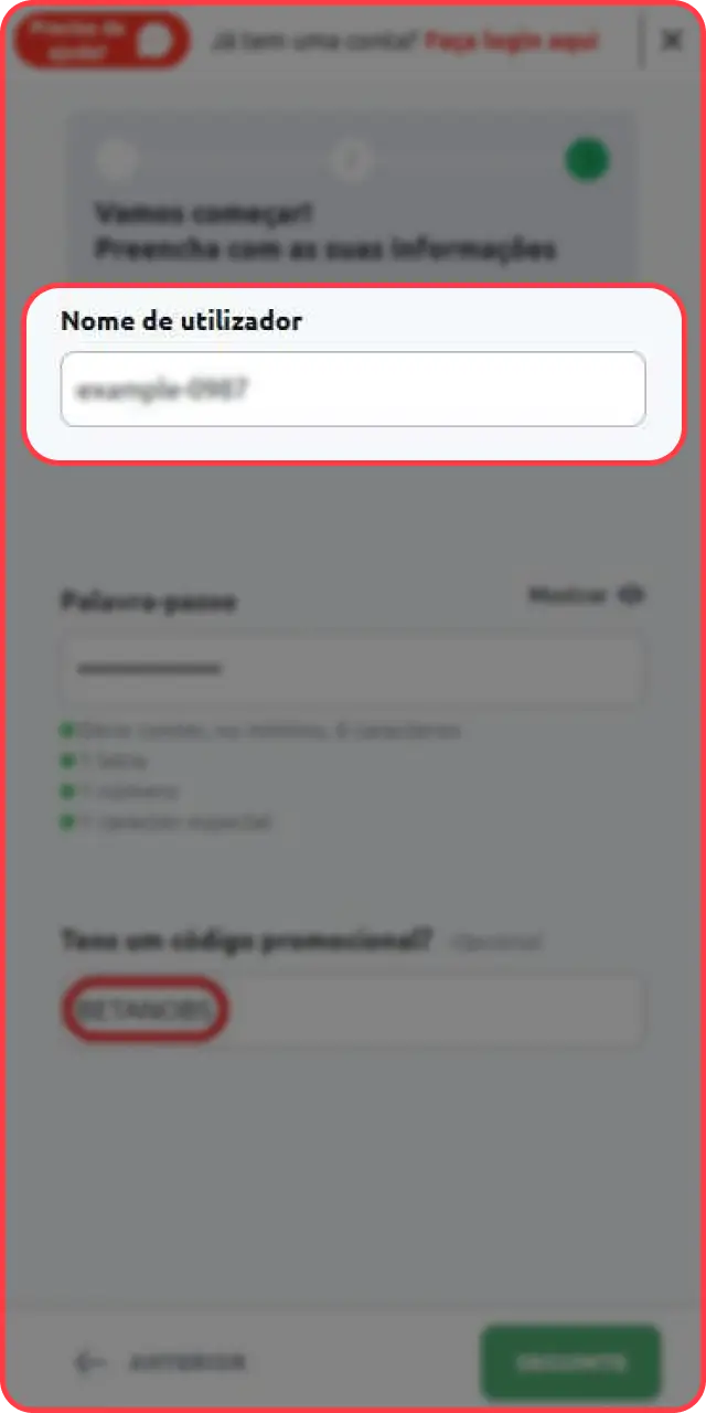 Forneça os detalhes restantes para avançar com seu cadastro na Betano.