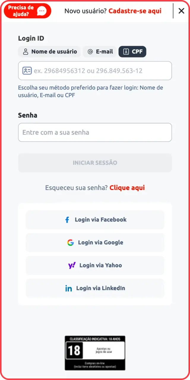Insira suas credenciais de segurança para validar seu login na Betano.