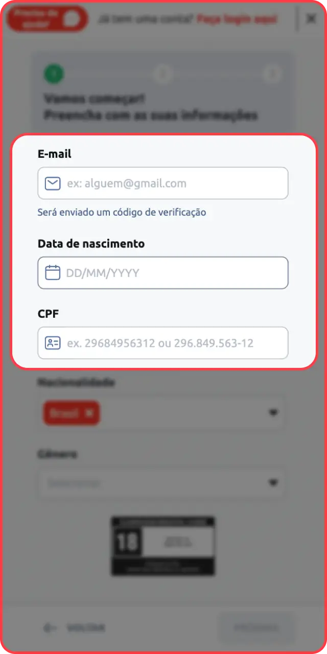Insira suas informações de cadastro corretamente no sistema seguro da Betano.
