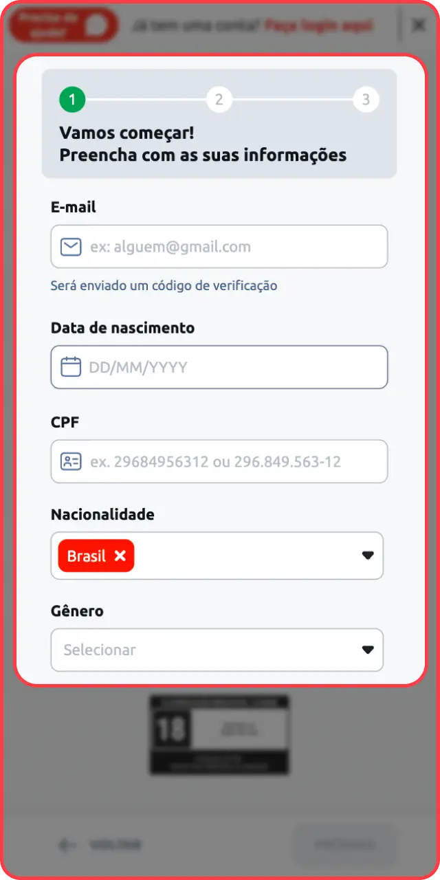 Insira seus dados pessoais corretamente para avançar no seu cadastro na Betano.