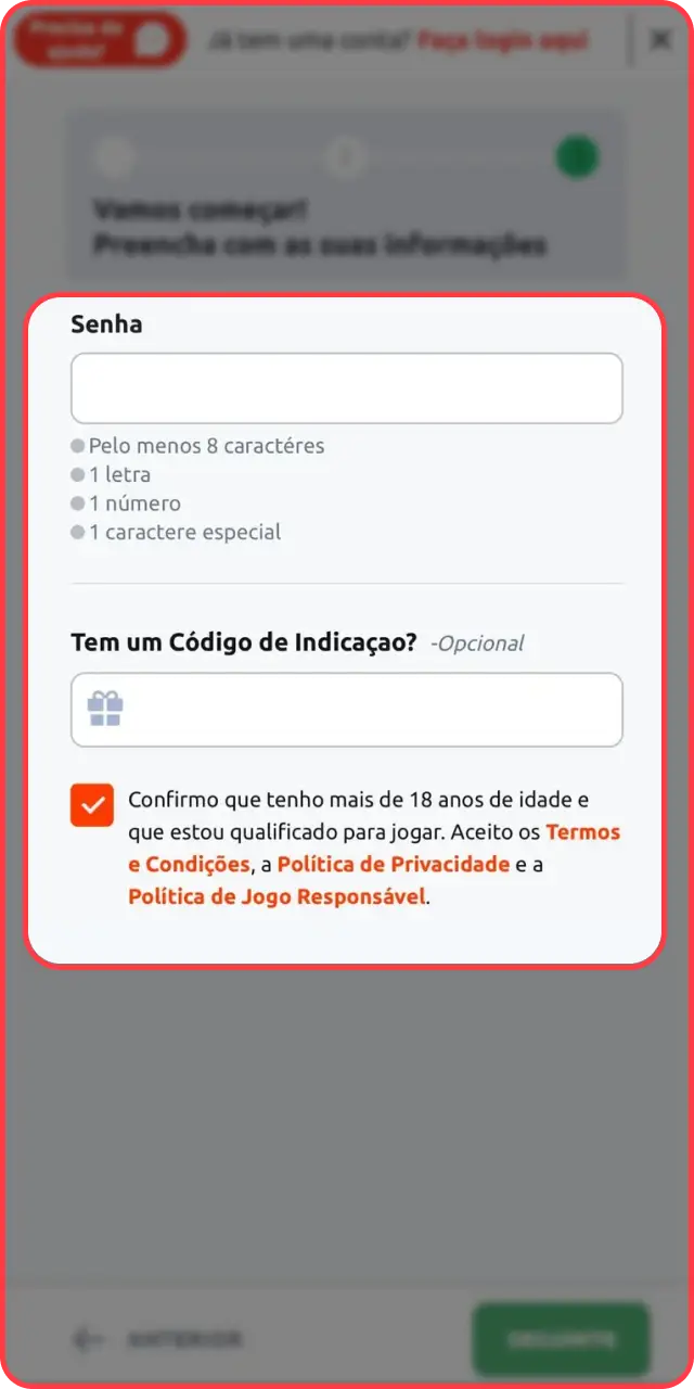 Preencha os campos obrigatórios restantes para validar seu cadastro na Betano.